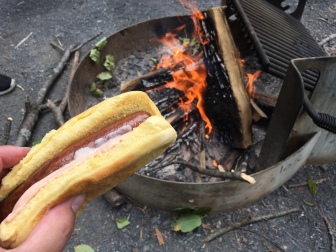 Hot dog grilled on a stick over the fire, with some special sauce I made at home and brought with me